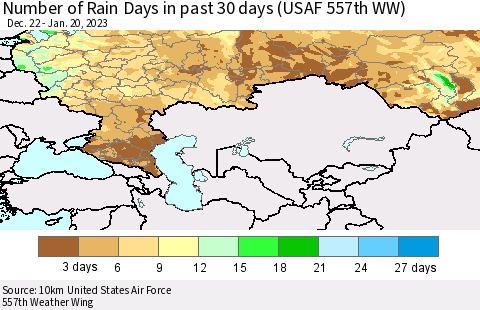 Russian Federation Number of Rain Days in past 30 days (USAF 557th WW) 01/20/2023 Thematic Map For 1/16/2023 - 1/20/2023