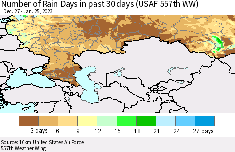 Russian Federation Number of Rain Days in past 30 days (USAF 557th WW) 01/25/2023 Thematic Map For 1/21/2023 - 1/25/2023