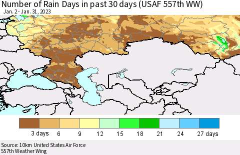 Russian Federation Number of Rain Days in past 30 days (USAF 557th WW) 01/31/2023 Thematic Map For 1/26/2023 - 1/31/2023