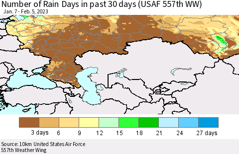 Russian Federation Number of Rain Days in past 30 days (USAF 557th WW) 02/05/2023 Thematic Map For 2/1/2023 - 2/5/2023