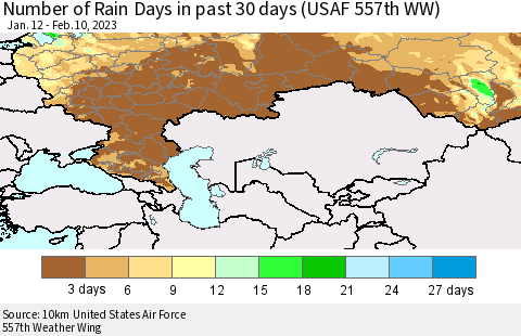 Russian Federation Number of Rain Days in past 30 days (USAF 557th WW) 02/10/2023 Thematic Map For 2/6/2023 - 2/10/2023