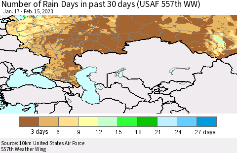 Russian Federation Number of Rain Days in past 30 days (USAF 557th WW) 02/15/2023 Thematic Map For 2/11/2023 - 2/15/2023