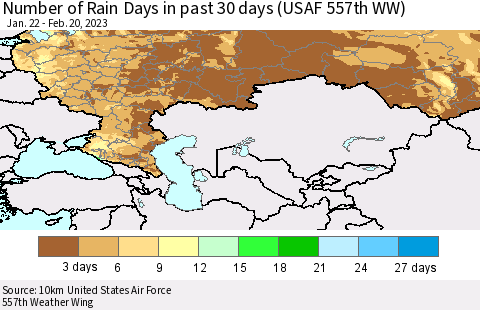 Russian Federation Number of Rain Days in past 30 days (USAF 557th WW) 02/20/2023 Thematic Map For 2/16/2023 - 2/20/2023