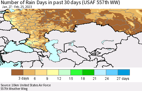 Russian Federation Number of Rain Days in past 30 days (USAF 557th WW) 02/25/2023 Thematic Map For 2/21/2023 - 2/25/2023