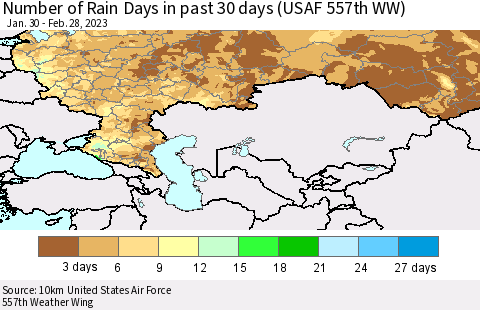 Russian Federation Number of Rain Days in past 30 days (USAF 557th WW) 02/28/2023 Thematic Map For 2/26/2023 - 2/28/2023