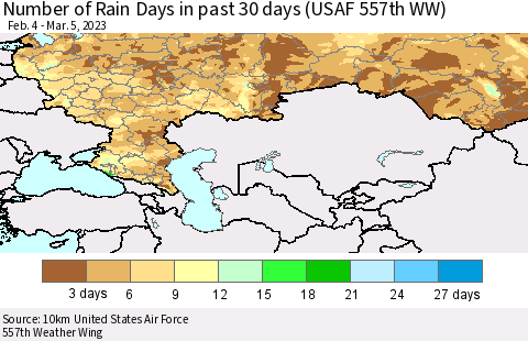 Russian Federation Number of Rain Days in past 30 days (USAF 557th WW) 03/05/2023 Thematic Map For 3/1/2023 - 3/5/2023