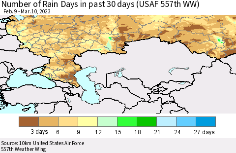 Russian Federation Number of Rain Days in past 30 days (USAF 557th WW) 03/10/2023 Thematic Map For 3/6/2023 - 3/10/2023