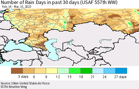 Russian Federation Number of Rain Days in past 30 days (USAF 557th WW) 03/15/2023 Thematic Map For 3/11/2023 - 3/15/2023