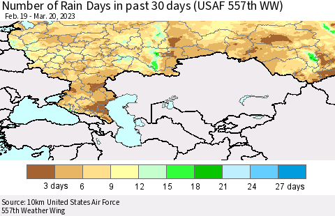 Russian Federation Number of Rain Days in past 30 days (USAF 557th WW) 03/20/2023 Thematic Map For 3/16/2023 - 3/20/2023