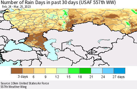 Russian Federation Number of Rain Days in past 30 days (USAF 557th WW) 03/25/2023 Thematic Map For 3/21/2023 - 3/25/2023