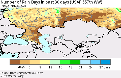 Russian Federation Number of Rain Days in past 30 days (USAF 557th WW) 03/31/2023 Thematic Map For 3/26/2023 - 3/31/2023