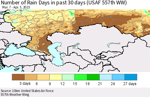 Russian Federation Number of Rain Days in past 30 days (USAF 557th WW) 04/05/2023 Thematic Map For 4/1/2023 - 4/5/2023