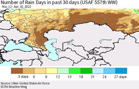 Russian Federation Number of Rain Days in past 30 days (USAF 557th WW) 04/10/2023 Thematic Map For 4/6/2023 - 4/10/2023