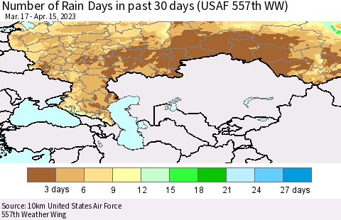 Russian Federation Number of Rain Days in past 30 days (USAF 557th WW) 04/15/2023 Thematic Map For 4/11/2023 - 4/15/2023