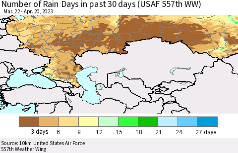 Russian Federation Number of Rain Days in past 30 days (USAF 557th WW) 04/20/2023 Thematic Map For 4/16/2023 - 4/20/2023