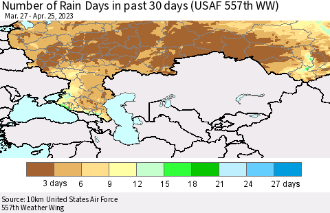 Russian Federation Number of Rain Days in past 30 days (USAF 557th WW) 04/25/2023 Thematic Map For 4/21/2023 - 4/25/2023