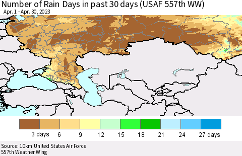 Russian Federation Number of Rain Days in past 30 days (USAF 557th WW) 04/30/2023 Thematic Map For 4/26/2023 - 4/30/2023