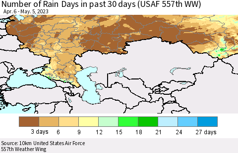 Russian Federation Number of Rain Days in past 30 days (USAF 557th WW) 05/05/2023 Thematic Map For 5/1/2023 - 5/5/2023
