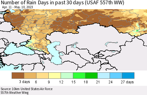 Russian Federation Number of Rain Days in past 30 days (USAF 557th WW) 05/10/2023 Thematic Map For 5/6/2023 - 5/10/2023