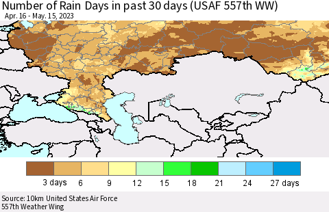 Russian Federation Number of Rain Days in past 30 days (USAF 557th WW) 05/15/2023 Thematic Map For 5/11/2023 - 5/15/2023