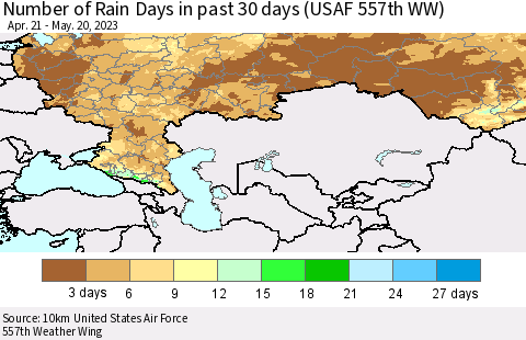 Russian Federation Number of Rain Days in past 30 days (USAF 557th WW) 05/20/2023 Thematic Map For 5/16/2023 - 5/20/2023