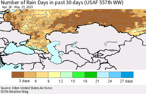 Russian Federation Number of Rain Days in past 30 days (USAF 557th WW) 05/25/2023 Thematic Map For 5/21/2023 - 5/25/2023