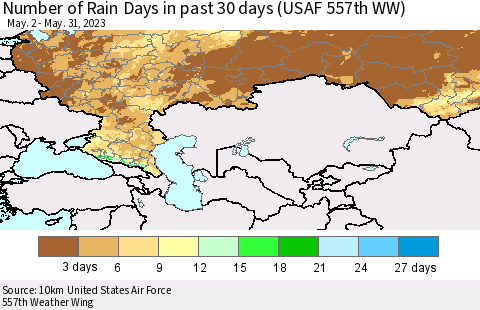 Russian Federation Number of Rain Days in past 30 days (USAF 557th WW) 05/31/2023 Thematic Map For 5/26/2023 - 5/31/2023