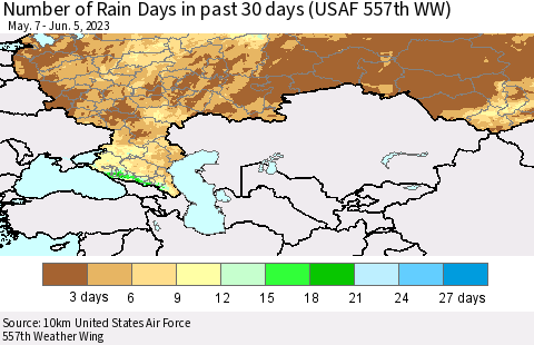 Russian Federation Number of Rain Days in past 30 days (USAF 557th WW) 06/05/2023 Thematic Map For 6/1/2023 - 6/5/2023