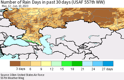 Russian Federation Number of Rain Days in past 30 days (USAF 557th WW) 06/10/2023 Thematic Map For 6/6/2023 - 6/10/2023