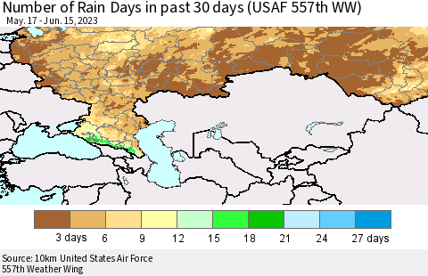 Russian Federation Number of Rain Days in past 30 days (USAF 557th WW) 06/15/2023 Thematic Map For 6/11/2023 - 6/15/2023