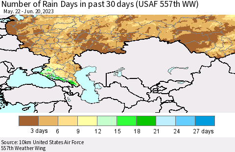 Russian Federation Number of Rain Days in past 30 days (USAF 557th WW) 06/20/2023 Thematic Map For 6/16/2023 - 6/20/2023