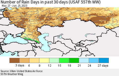 Russian Federation Number of Rain Days in past 30 days (USAF 557th WW) 06/25/2023 Thematic Map For 6/21/2023 - 6/25/2023