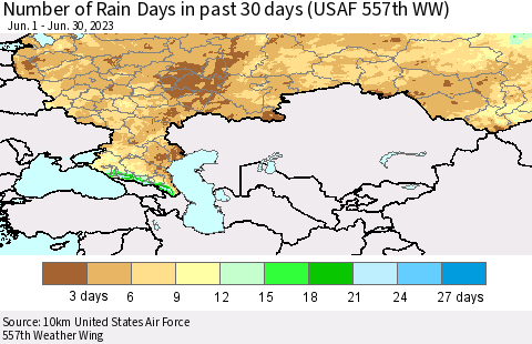 Russian Federation Number of Rain Days in past 30 days (USAF 557th WW) 06/30/2023 Thematic Map For 6/26/2023 - 6/30/2023