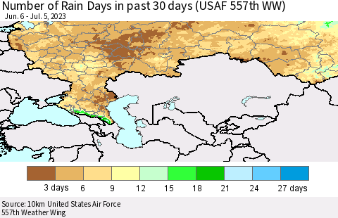 Russian Federation Number of Rain Days in past 30 days (USAF 557th WW) 07/05/2023 Thematic Map For 7/1/2023 - 7/5/2023