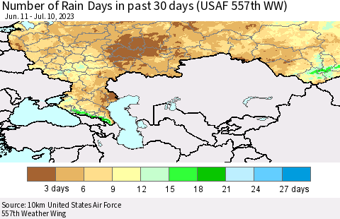 Russian Federation Number of Rain Days in past 30 days (USAF 557th WW) 07/10/2023 Thematic Map For 7/6/2023 - 7/10/2023