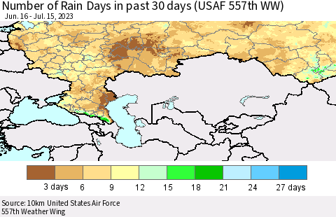 Russian Federation Number of Rain Days in past 30 days (USAF 557th WW) 07/15/2023 Thematic Map For 7/11/2023 - 7/15/2023