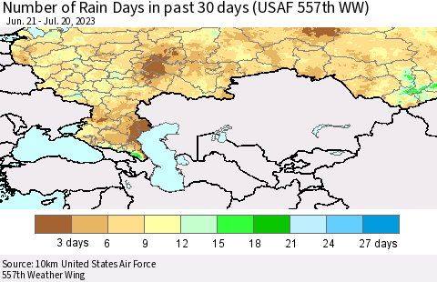 Russian Federation Number of Rain Days in past 30 days (USAF 557th WW) 07/20/2023 Thematic Map For 7/16/2023 - 7/20/2023