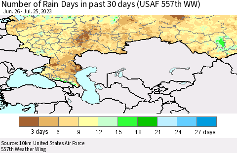 Russian Federation Number of Rain Days in past 30 days (USAF 557th WW) 07/25/2023 Thematic Map For 7/21/2023 - 7/25/2023