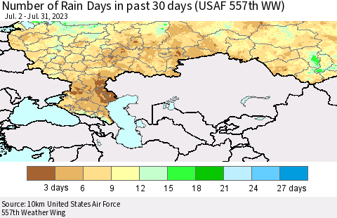 Russian Federation Number of Rain Days in past 30 days (USAF 557th WW) 07/31/2023 Thematic Map For 7/26/2023 - 7/31/2023