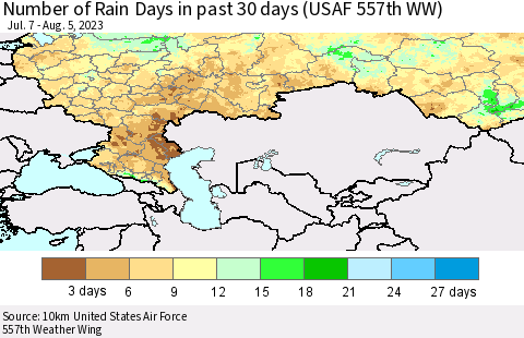 Russian Federation Number of Rain Days in past 30 days (USAF 557th WW) 08/05/2023 Thematic Map For 8/1/2023 - 8/5/2023