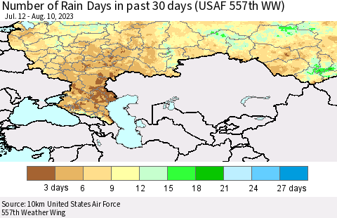 Russian Federation Number of Rain Days in past 30 days (USAF 557th WW) 08/10/2023 Thematic Map For 8/6/2023 - 8/10/2023