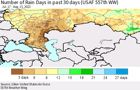 Russian Federation Number of Rain Days in past 30 days (USAF 557th WW) 08/15/2023 Thematic Map For 8/11/2023 - 8/15/2023