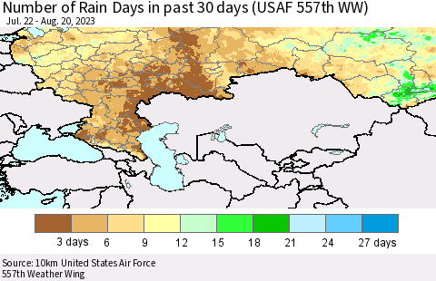 Russian Federation Number of Rain Days in past 30 days (USAF 557th WW) 08/20/2023 Thematic Map For 8/16/2023 - 8/20/2023