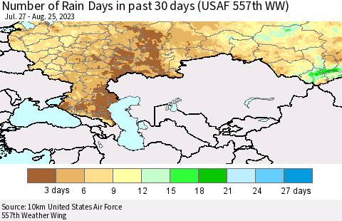 Russian Federation Number of Rain Days in past 30 days (USAF 557th WW) 08/25/2023 Thematic Map For 8/21/2023 - 8/25/2023