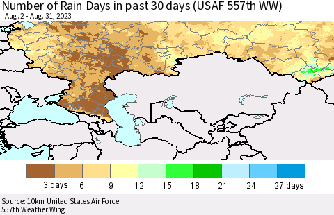 Russian Federation Number of Rain Days in past 30 days (USAF 557th WW) 08/31/2023 Thematic Map For 8/26/2023 - 8/31/2023