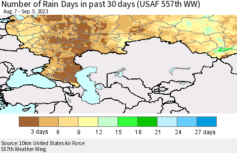 Russian Federation Number of Rain Days in past 30 days (USAF 557th WW) 09/05/2023 Thematic Map For 9/1/2023 - 9/5/2023