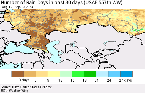 Russian Federation Number of Rain Days in past 30 days (USAF 557th WW) 09/10/2023 Thematic Map For 9/6/2023 - 9/10/2023