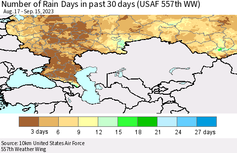 Russian Federation Number of Rain Days in past 30 days (USAF 557th WW) 09/15/2023 Thematic Map For 9/11/2023 - 9/15/2023