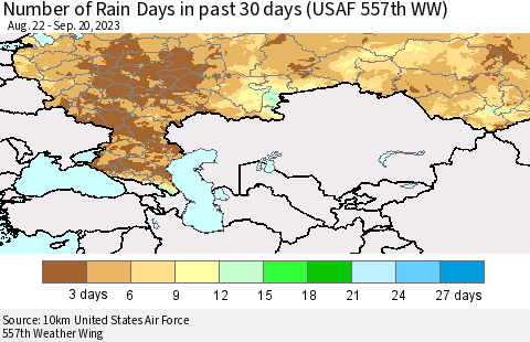 Russian Federation Number of Rain Days in past 30 days (USAF 557th WW) 09/20/2023 Thematic Map For 9/16/2023 - 9/20/2023
