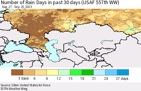 Russian Federation Number of Rain Days in past 30 days (USAF 557th WW) 09/25/2023 Thematic Map For 9/21/2023 - 9/25/2023